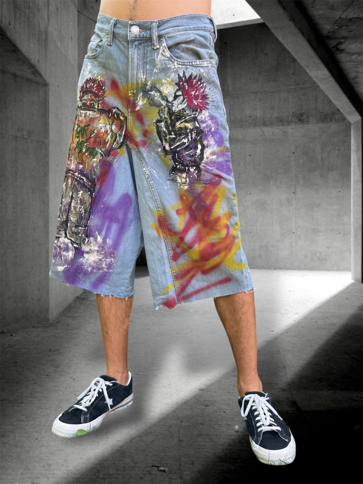 “Skater punk” 1/1 upcycled hand painted jorts
