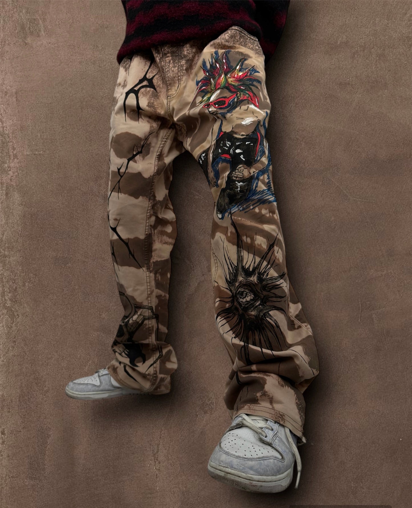 “Skull punk” bleached hand painted trousers