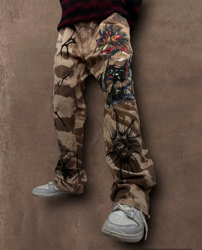 “Skull punk” bleached hand painted trousers