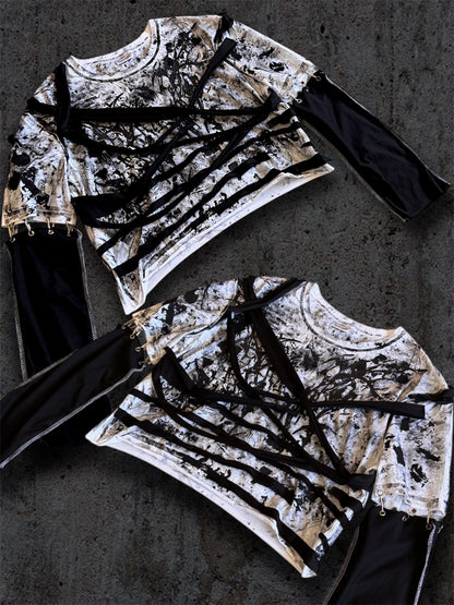 Upcycled black and white cropped T-shirt