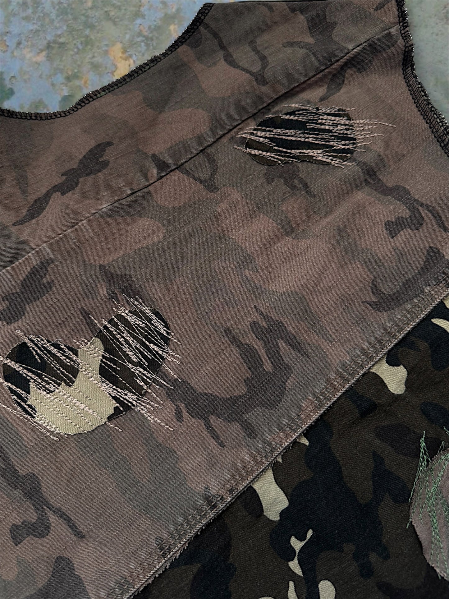 Camouflage upcycled denim top