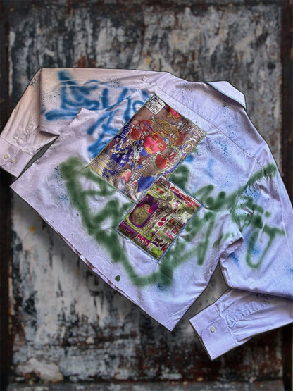 Sprayed light purple shirt with art pictures