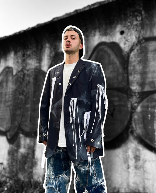 HANGING” Upcycled sustainable unisex blazer with hanging threads