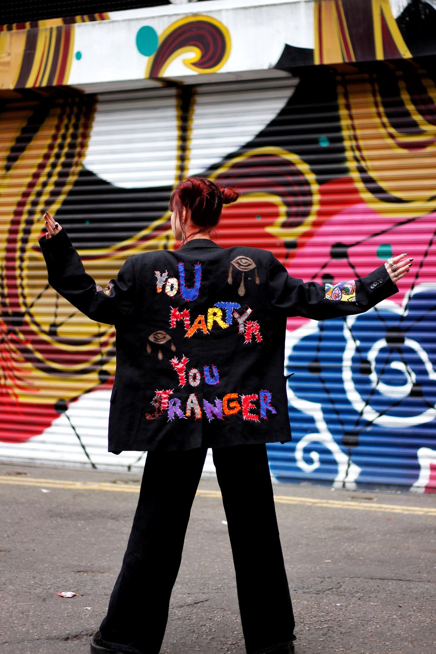 YOU LEGEND - Upcycled sustainable unisex punky blazer - handstitched letters - eye designs