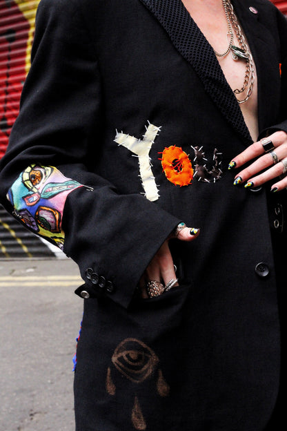 YOU LEGEND - Upcycled sustainable unisex punky blazer - handstitched letters - eye designs