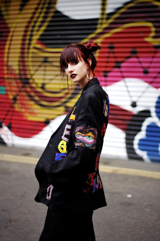 YOU LEGEND - Upcycled sustainable unisex punky blazer - handstitched letters - eye designs
