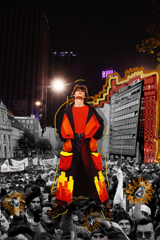 One of a kind colourful long coat - designer piece - 3D pockets