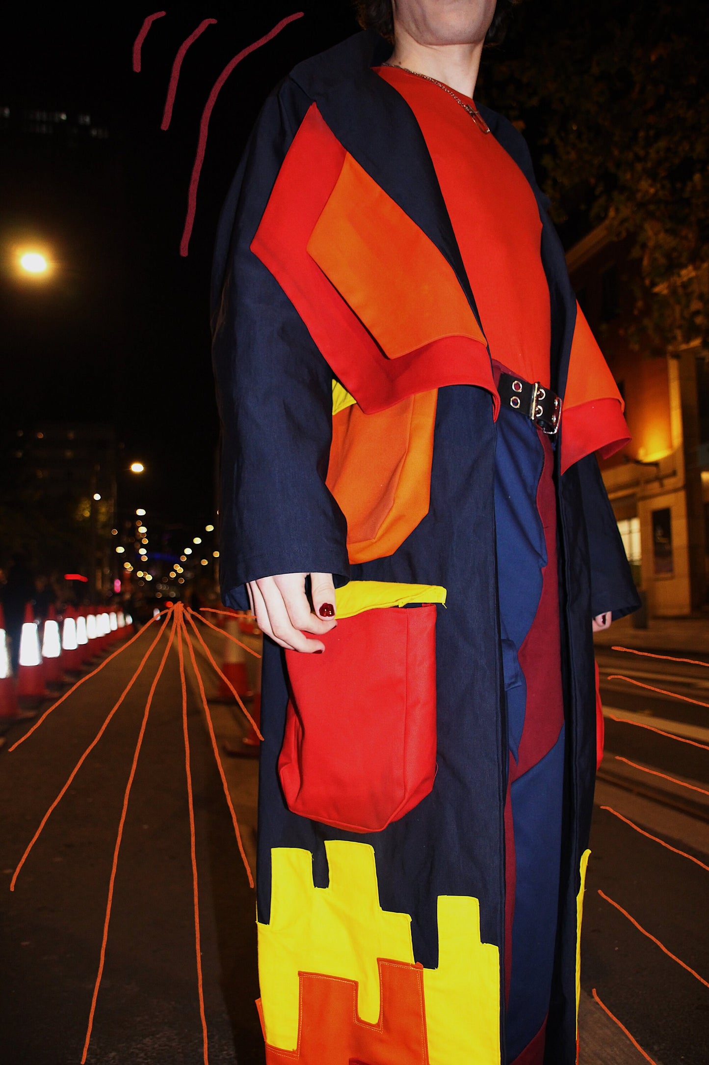 One of a kind colourful long coat - designer piece - 3D pockets