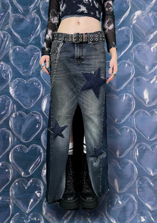 Repurposed denim skirt with puffy stars and chains