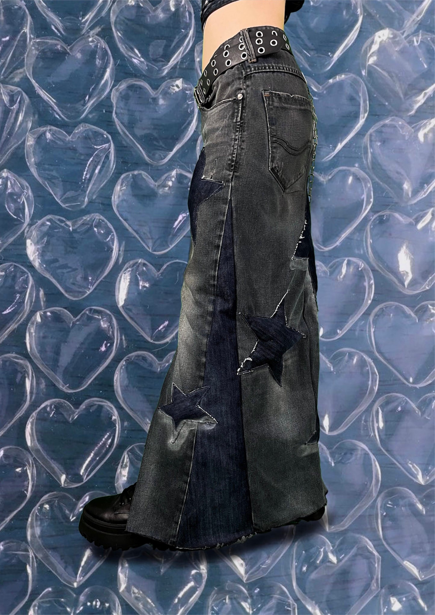 Repurposed denim skirt with puffy stars and chains