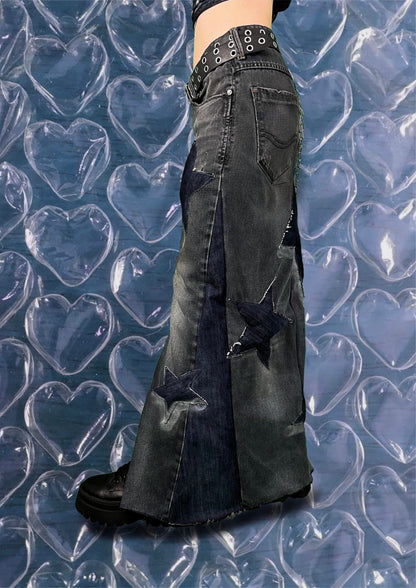 Repurposed denim skirt with puffy stars and chains