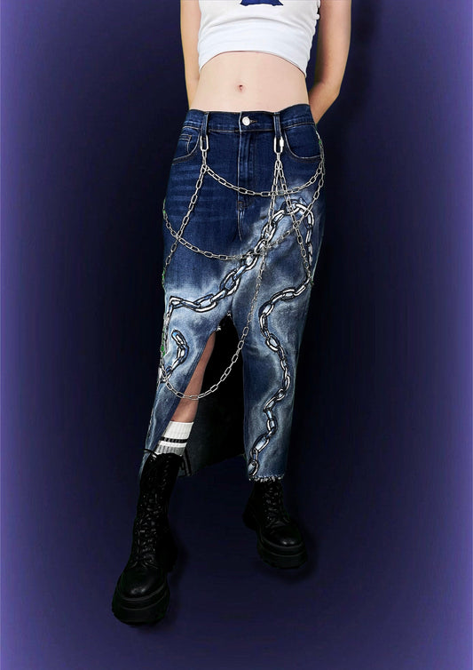 Repurposed denim skirt with chains and chain design