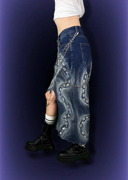 Repurposed denim skirt with chains and chain design