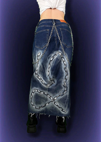 Repurposed denim skirt with chains and chain design