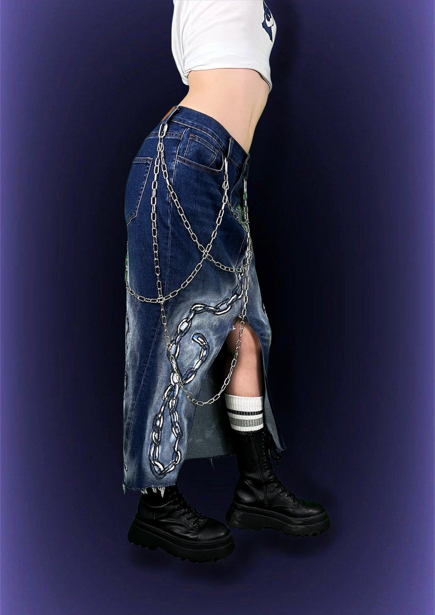 Repurposed denim skirt with chains and chain design