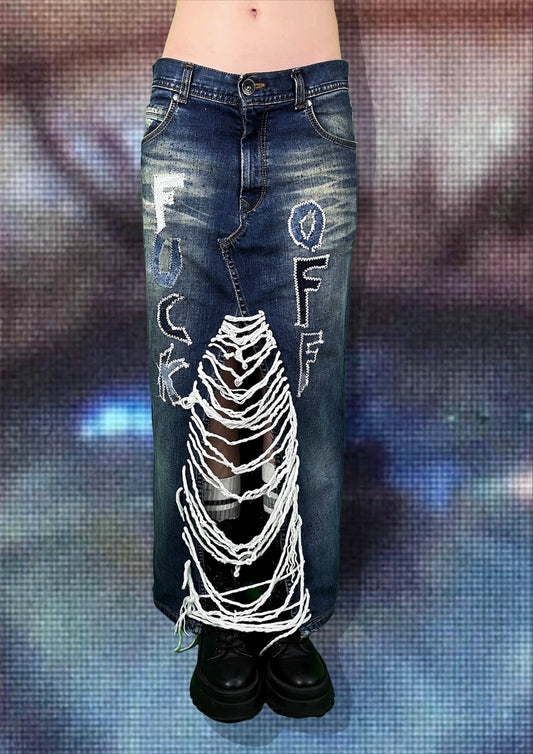 Repurposed denim skirt “f*ck off” with painting/hanging threads/patched letters