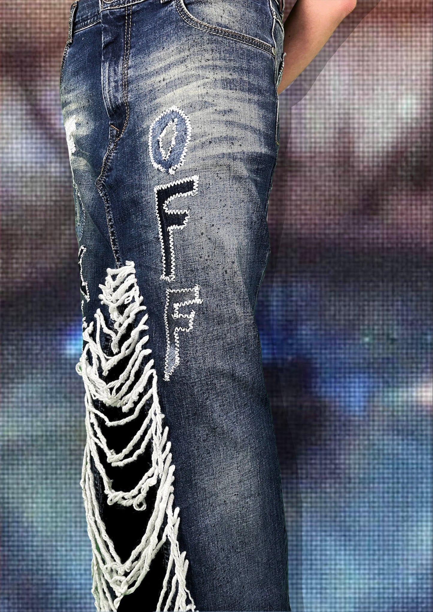 Repurposed denim skirt “f*ck off” with painting/hanging threads/patched letters