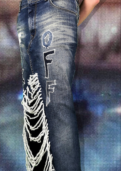 Repurposed denim skirt “f*ck off” with painting/hanging threads/patched letters