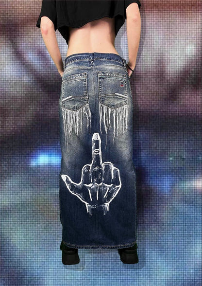 Repurposed denim skirt “f*ck off” with painting/hanging threads/patched letters