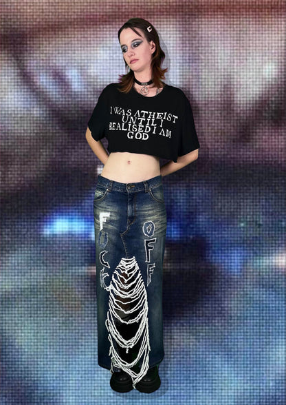Repurposed denim skirt “f*ck off” with painting/hanging threads/patched letters
