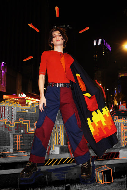 One of a kind colourful long coat - designer piece - 3D pockets