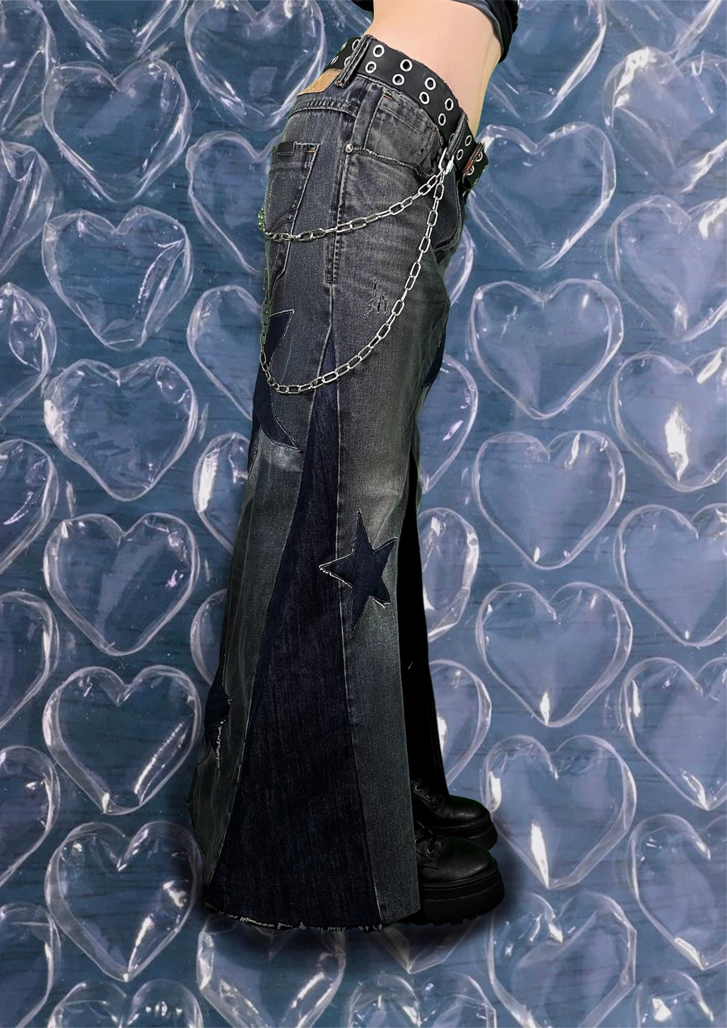 Repurposed denim skirt with puffy stars and chains