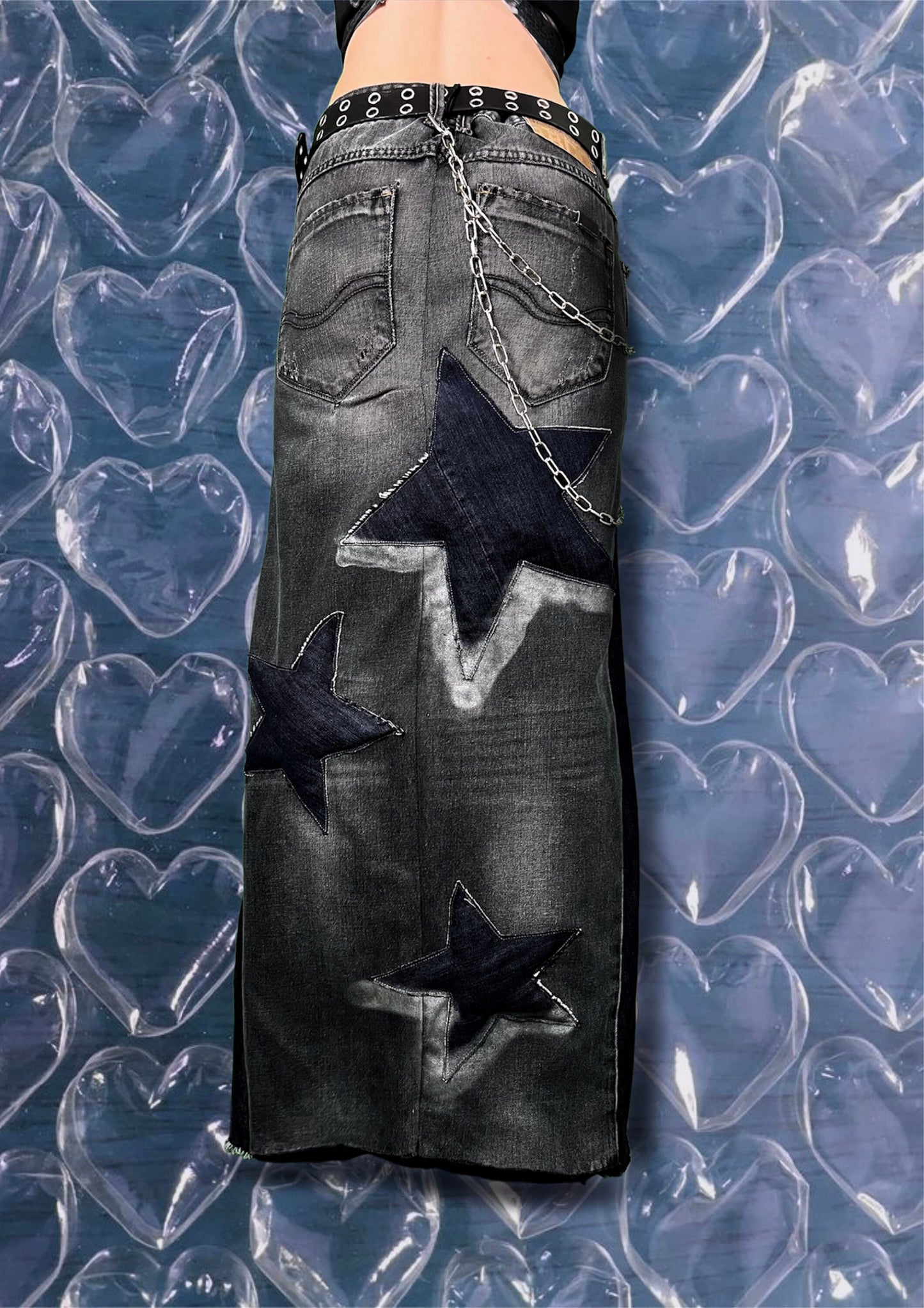 Repurposed denim skirt with puffy stars and chains