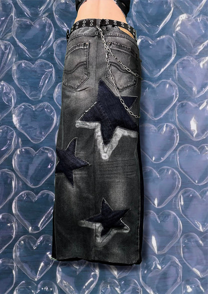 Repurposed denim skirt with puffy stars and chains