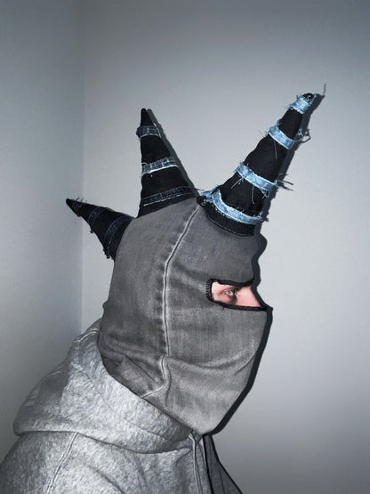 Denim balaclava with spikes/up-cycled denim piece/