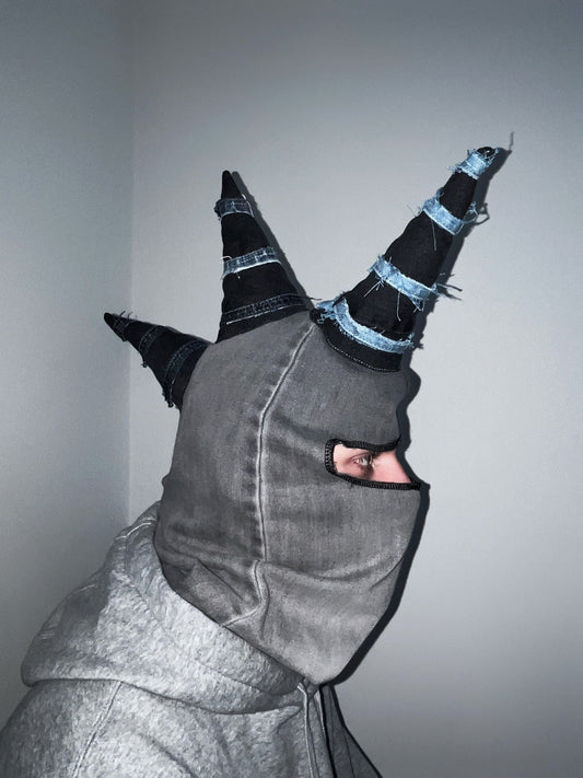 Denim balaclava with spikes/up-cycled denim piece/