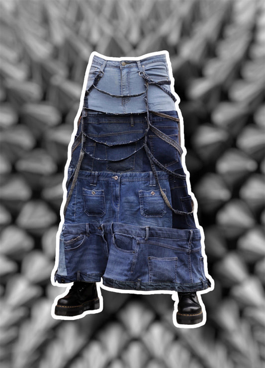 Repurposed blue denim skirt with hanging denim stripes