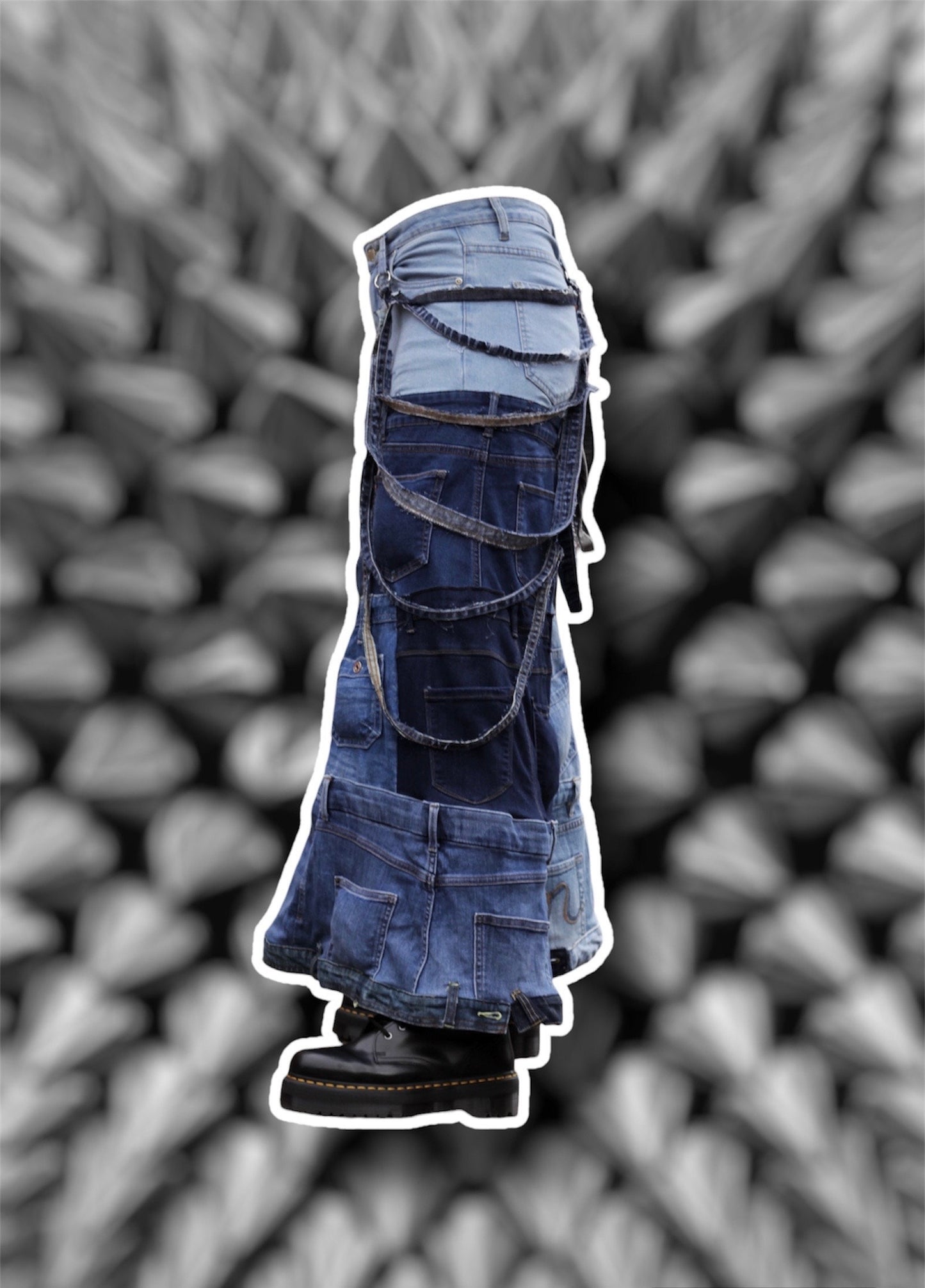 Repurposed blue denim skirt with hanging denim stripes