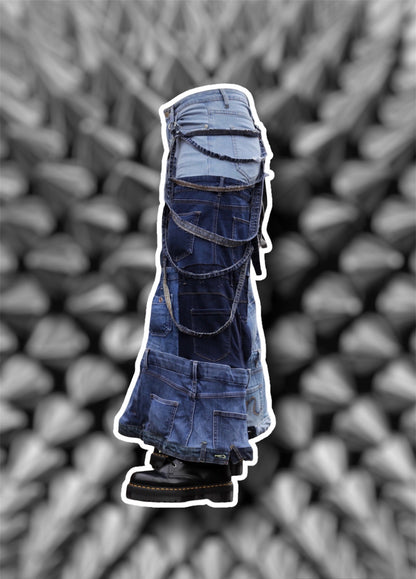 Repurposed blue denim skirt with hanging denim stripes