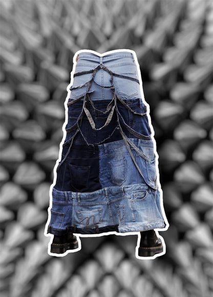 Repurposed blue denim skirt with hanging denim stripes