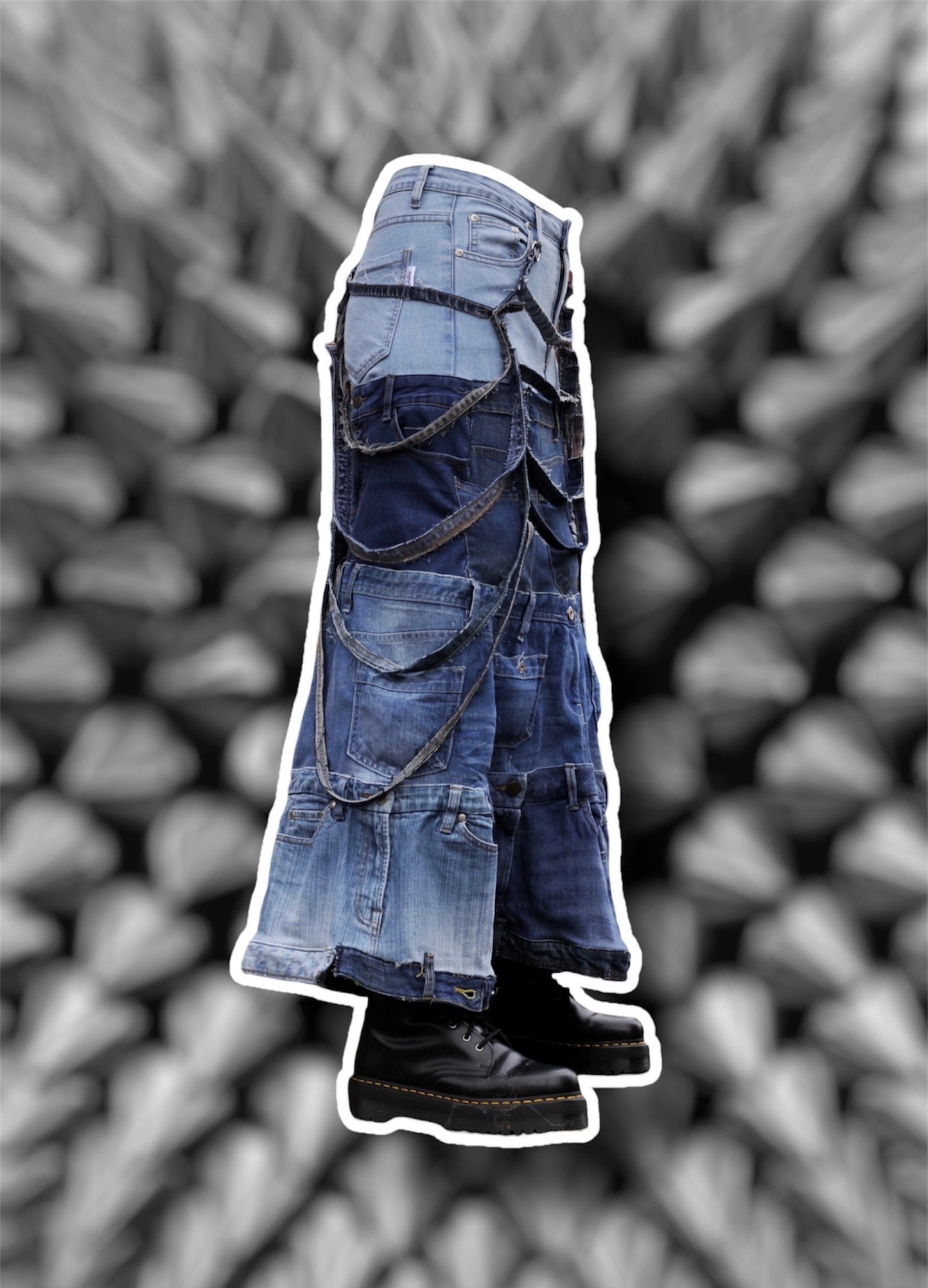 Repurposed blue denim skirt with hanging denim stripes