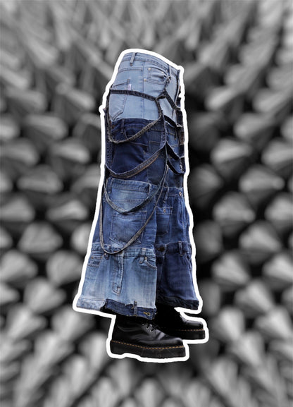 Repurposed blue denim skirt with hanging denim stripes