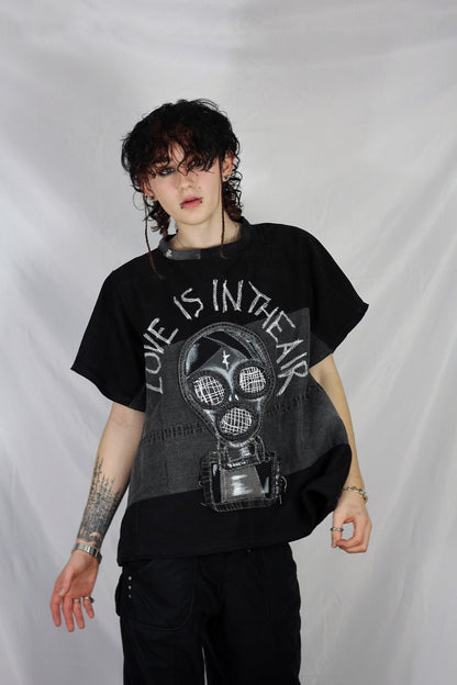 “Love is in the air” upcycled denim T-shirt
