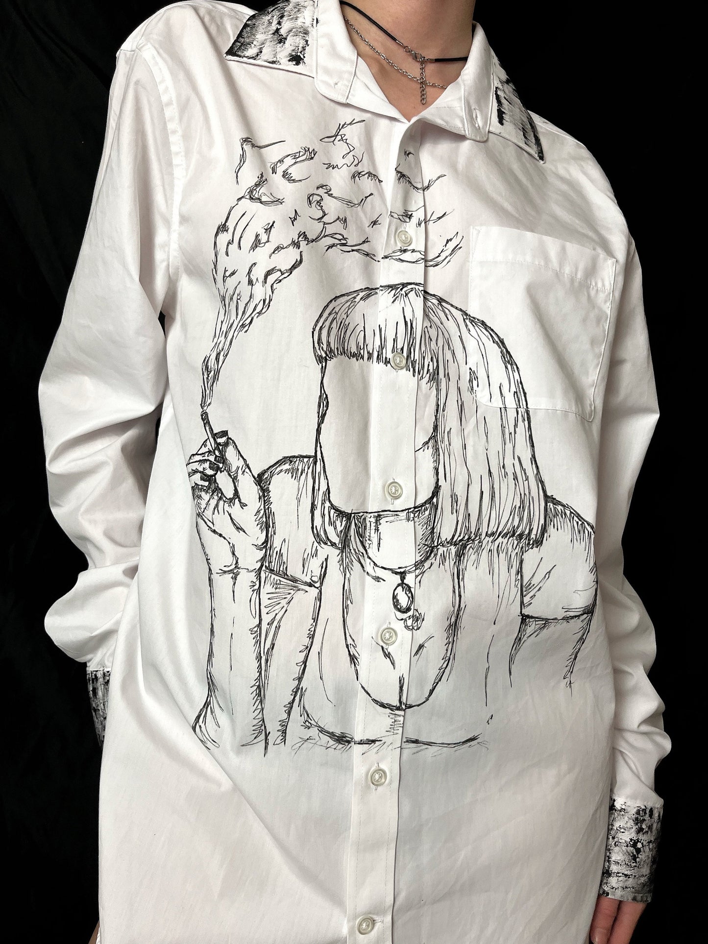 Upcycled custom printed white shirt/smoking woman print/pulp fiction drawing/alt shirt style