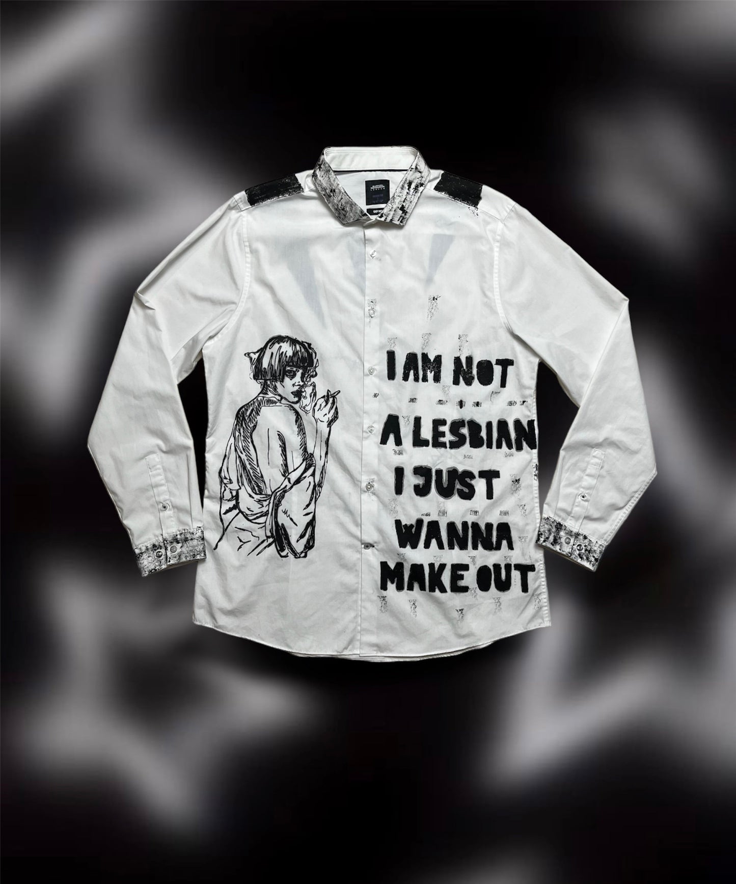 Upcycled custom printed white shirt/smoking woman print/I am not a Lesbian title