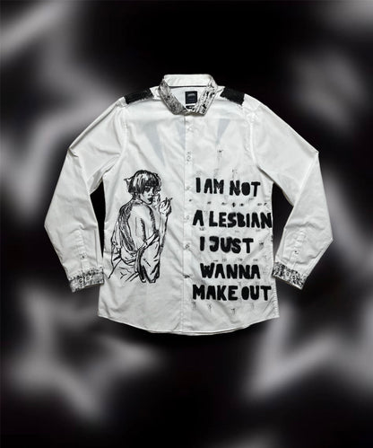 Upcycled custom printed white shirt/smoking woman print/I am not a Lesbian title