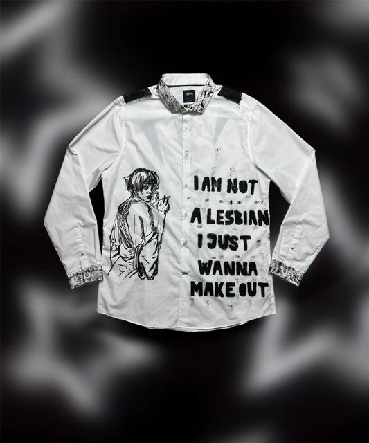 Upcycled custom printed white shirt/smoking woman print/I am not a Lesbian title