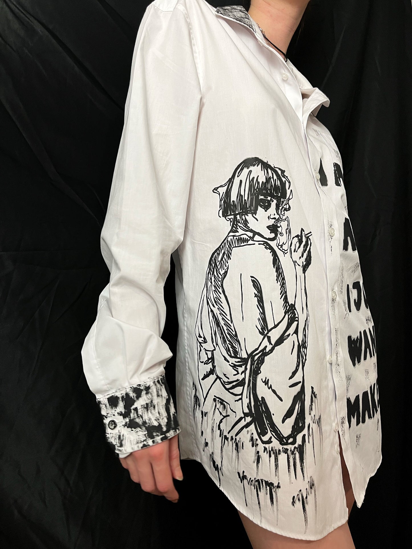 Upcycled custom printed white shirt/smoking woman print/I am not a Lesbian title