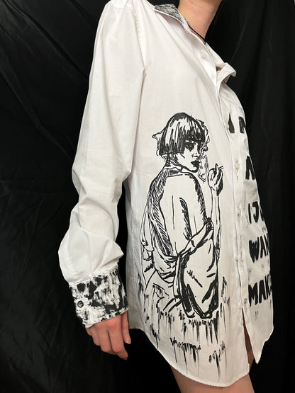 Upcycled custom printed white shirt/smoking woman print/I am not a Lesbian title
