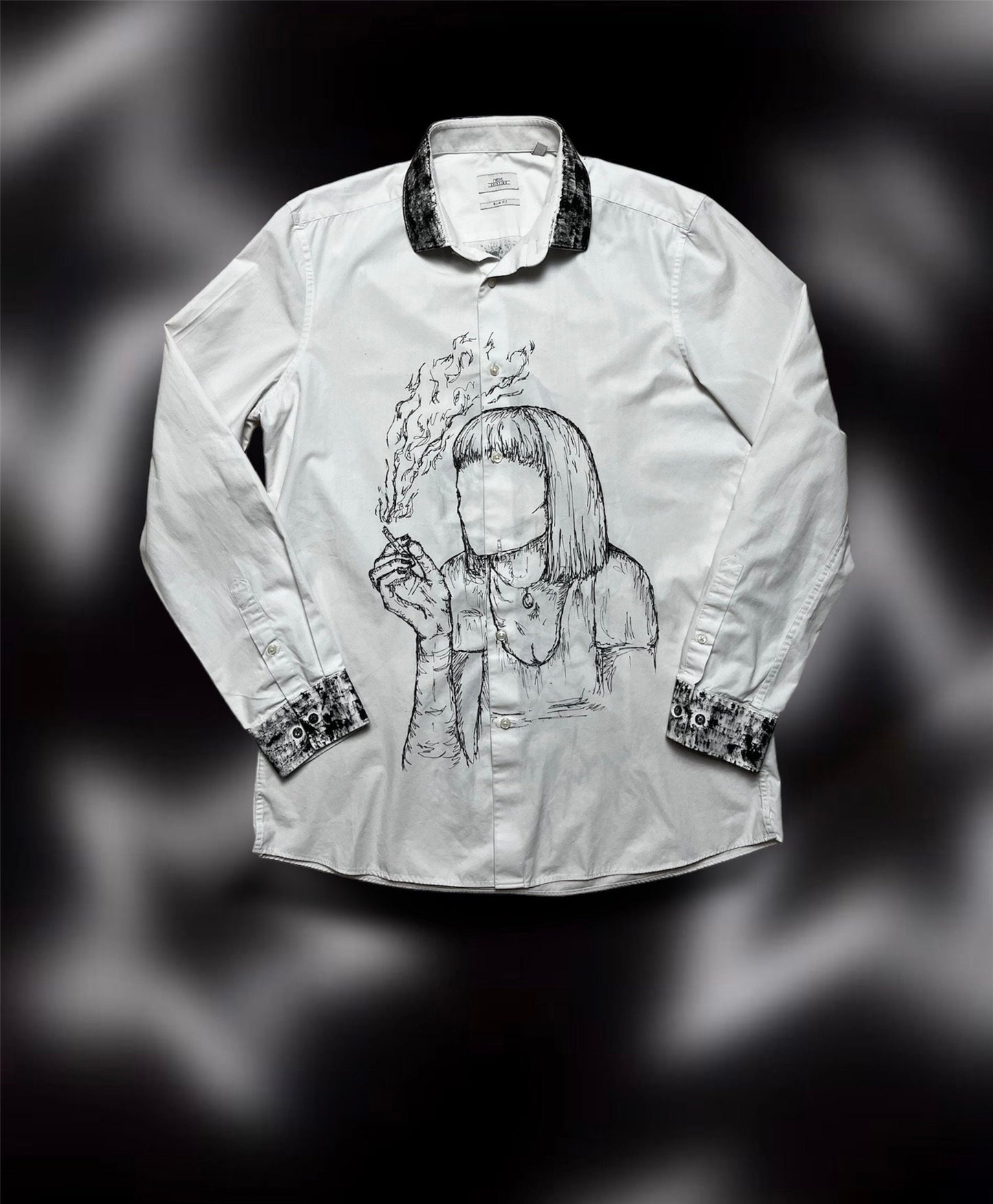 Upcycled custom printed white shirt/smoking woman print/pulp fiction drawing/alt shirt style