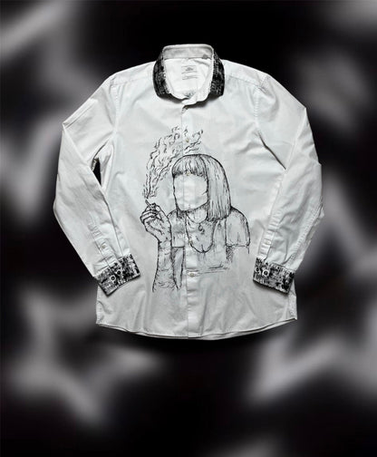 Upcycled custom printed white shirt/smoking woman print/pulp fiction drawing/alt shirt style