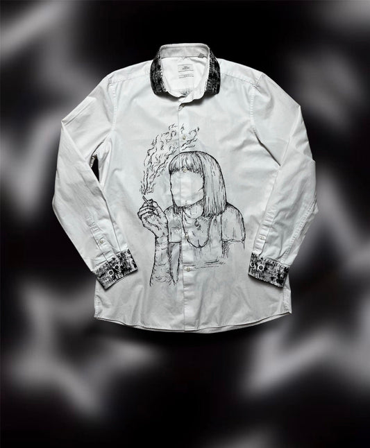 Upcycled custom printed white shirt/smoking woman print/pulp fiction drawing/alt shirt style
