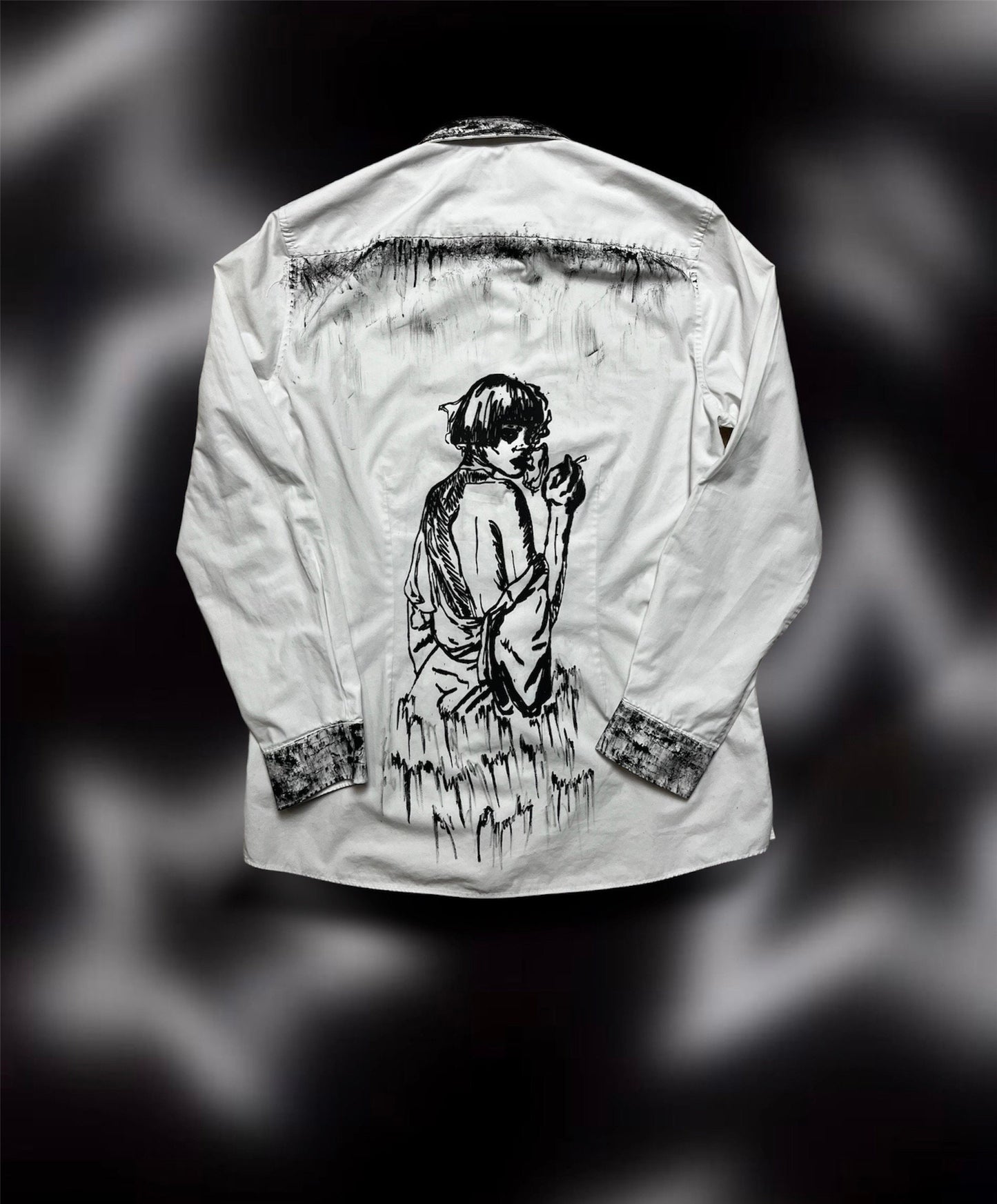 Upcycled custom printed white shirt/smoking woman print/pulp fiction drawing/alt shirt style