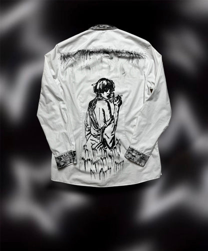 Upcycled custom printed white shirt/smoking woman print/pulp fiction drawing/alt shirt style