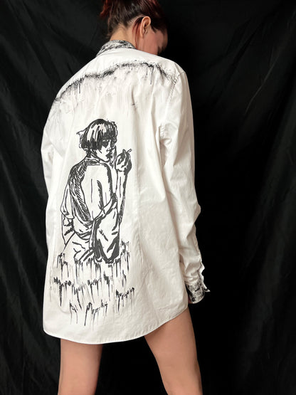 Upcycled custom printed white shirt/smoking woman print/pulp fiction drawing/alt shirt style