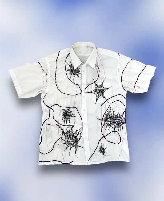 Upcycled custom white shortsleeved shirt/hand drawn eyes/blue elastic stripes stitched with red thread